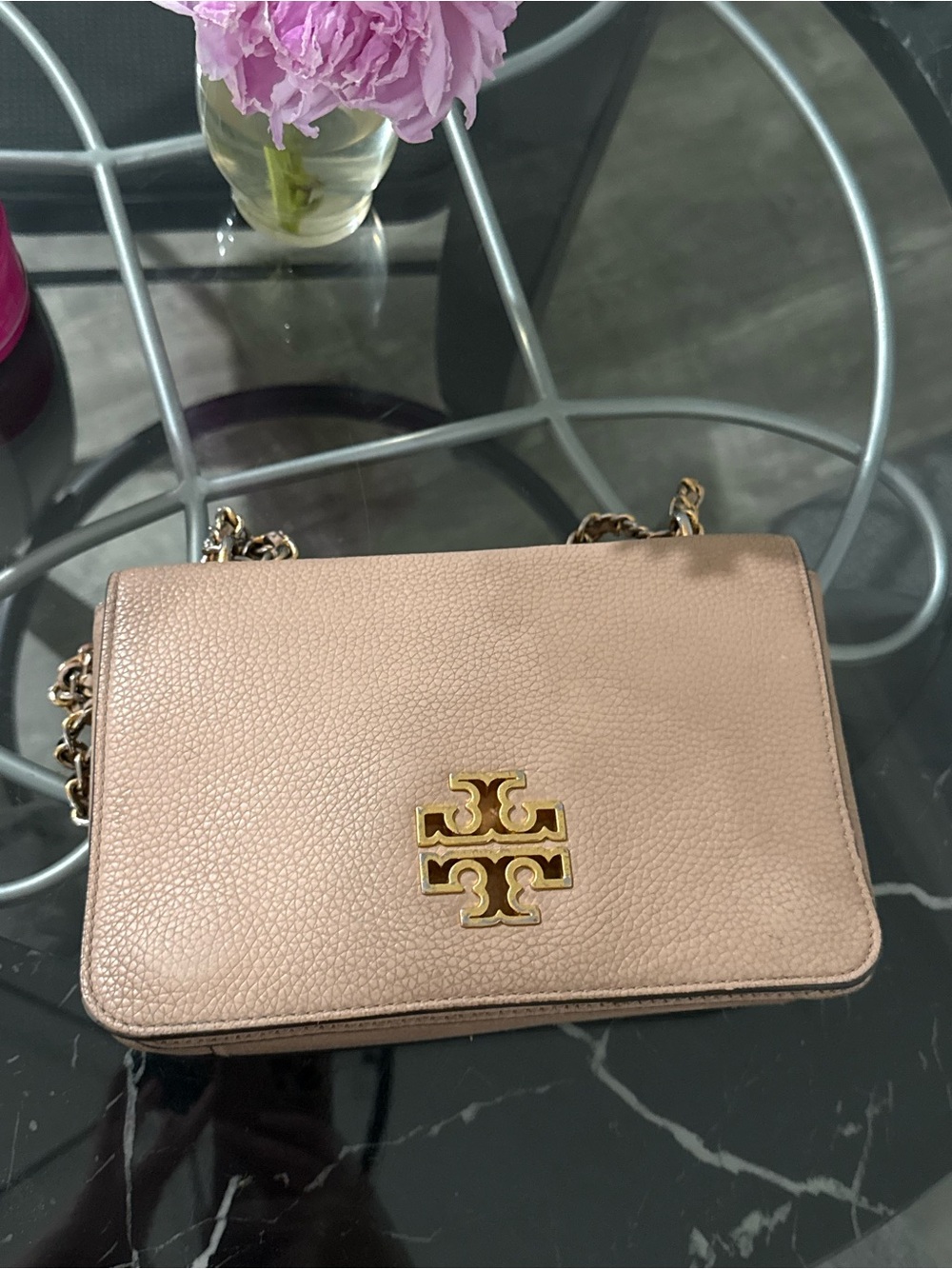 Tory Burch Pink Pebbled Leather Crossbody with Gold Logo
